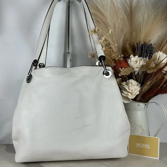 Michael Kors Raven White Silver Floral Flower Stud Shoulder Hand Bag Leather - Picture 8 of 15